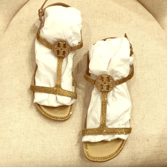 Tory Burch Gold Tone Rhinestone/Crystal sandals. - Picture 1 of 6